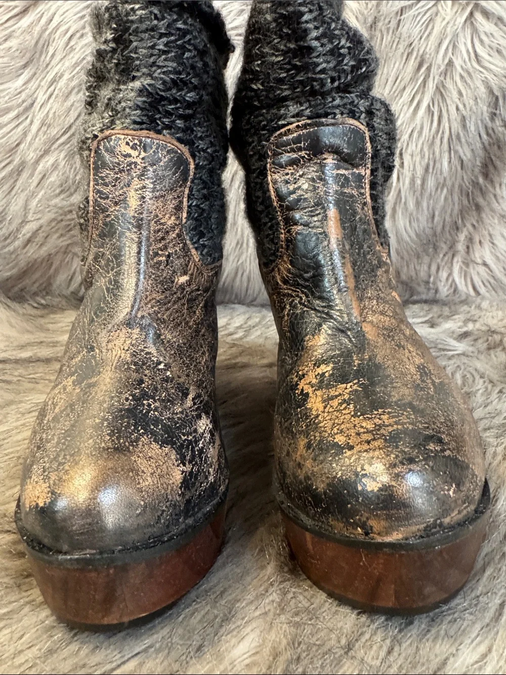 BED|STU Knit-Top Wedge Booties in Distressed Brown and Gray Size 6